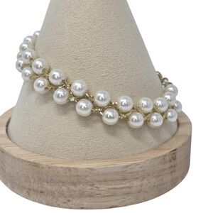 Vintage Gold Tone Faux Pearl Woven‎ Braid Chain Bracelet